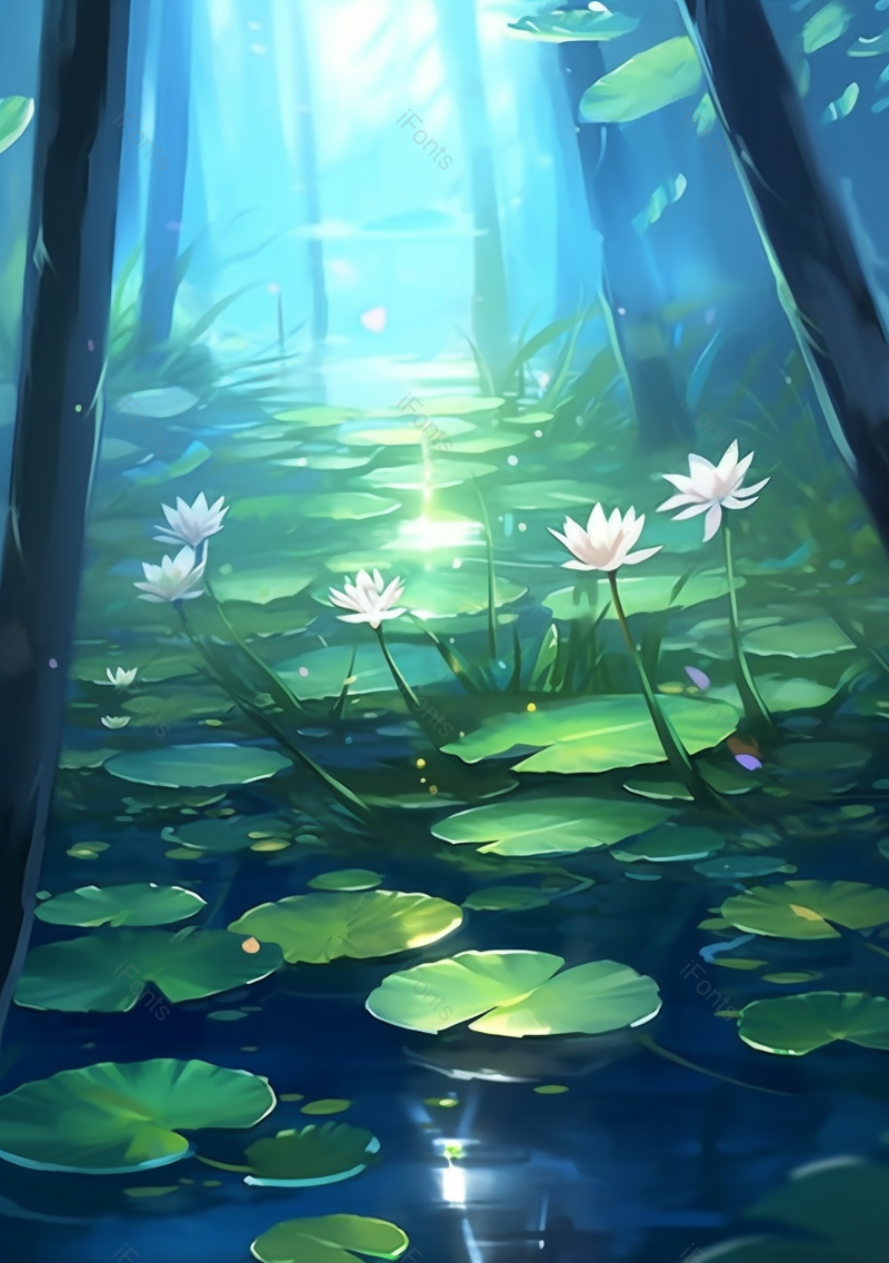 深林中荷塘荷花盛开美景插画绿色背景,插画/手绘图,插画/手绘图库,插画/手绘图下载,插画/手绘